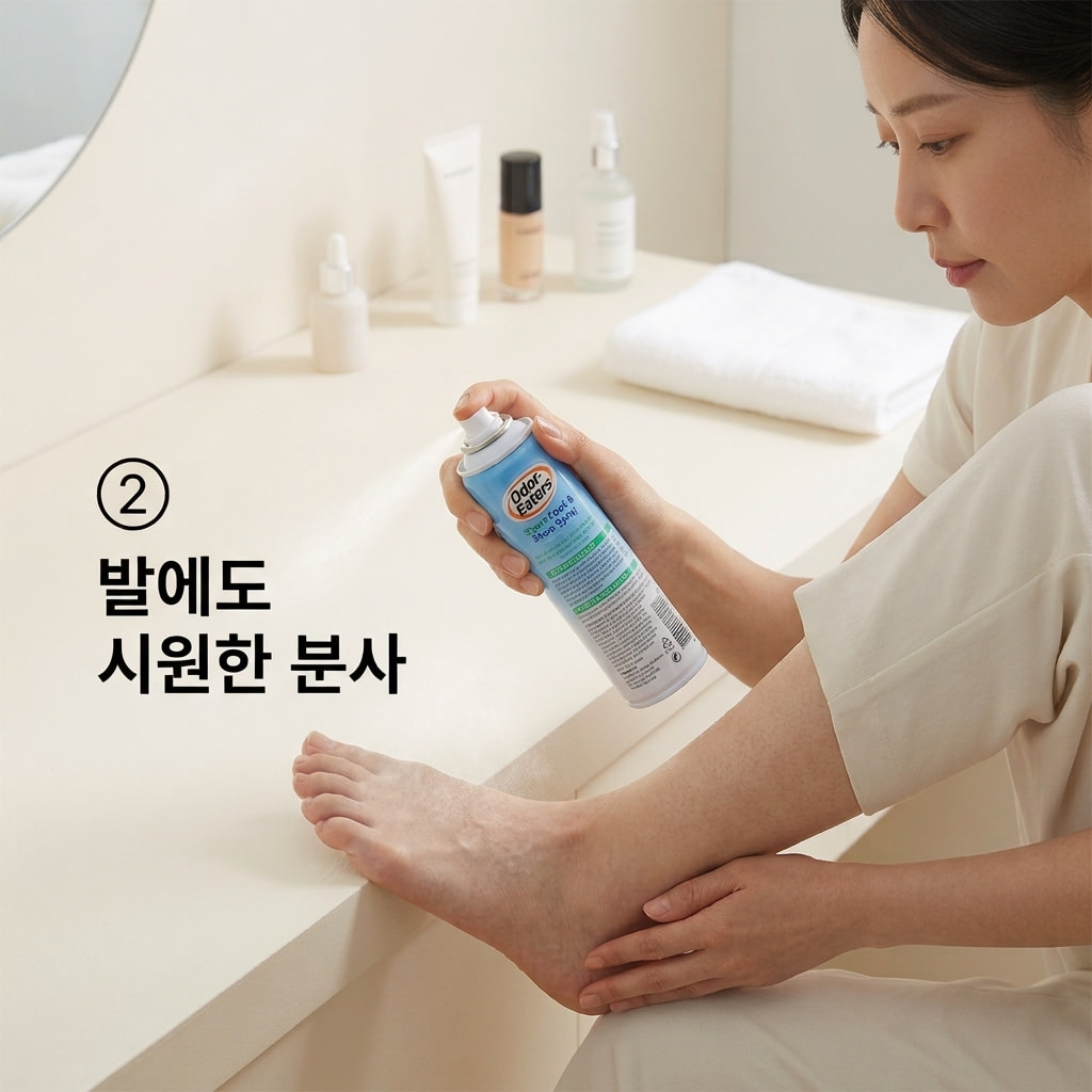 운동 후 신발 냄새 관리를 위해 두 손으로 운동화 끈을 넓게 풀고 입구를 열어 통풍시키며 스프레이 건조를 준비하는 모습.