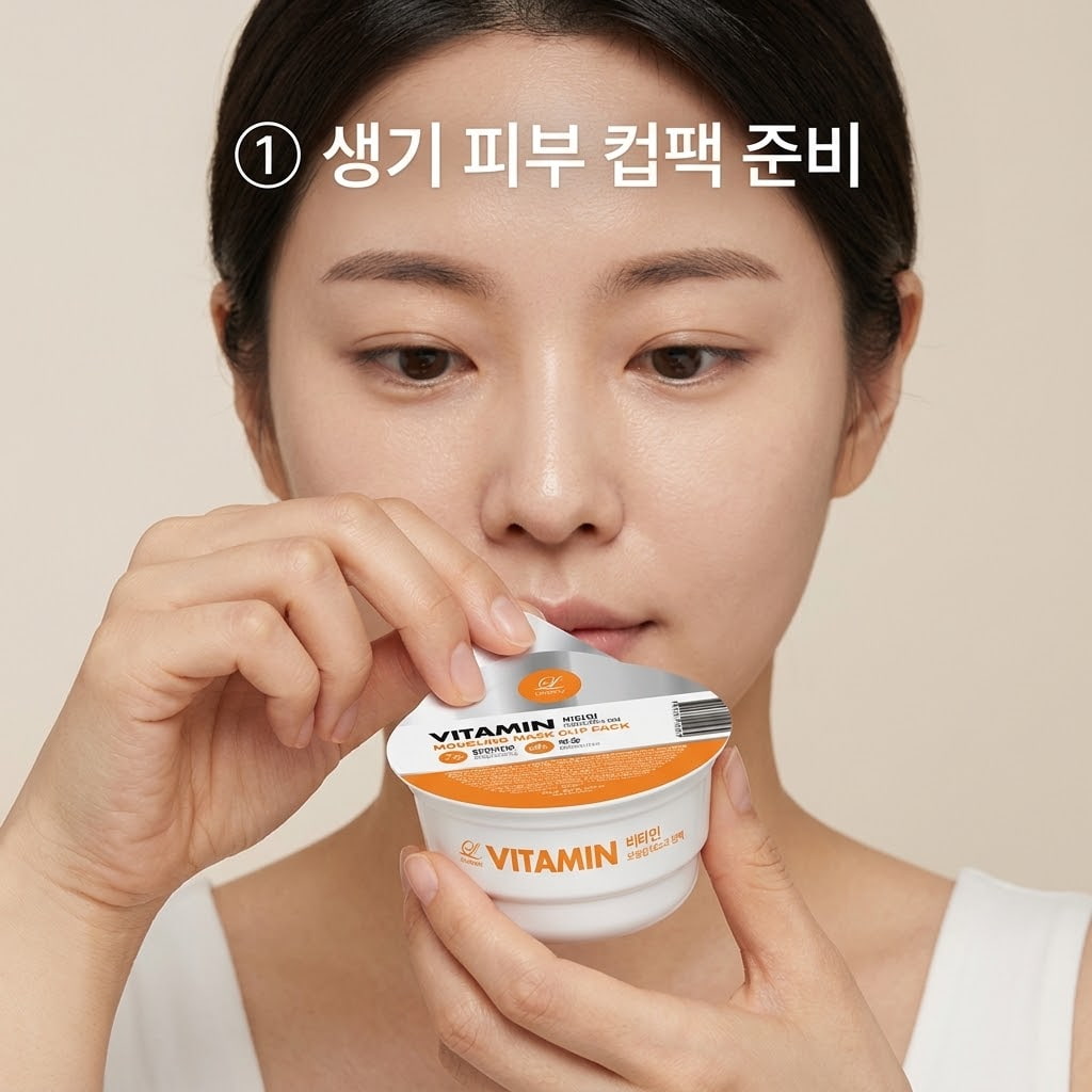 칙칙하고 푸석한 피부결 정돈을 위해 두 손으로 올리브영 비타민 컵팩을 스파출라로 저으며 팩 농도를 맞추는 모습.