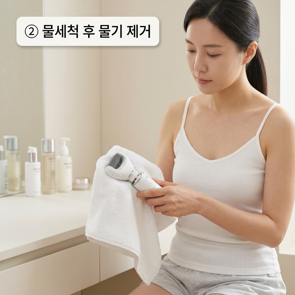 롤러 헤드 물세척 및 건조를 위해 두 손으로 분리된 헤드를 흐르는 물에 씻어낸 뒤 수건으로 안쪽 축의 물기까지 꼼꼼히 제거하는 모습.