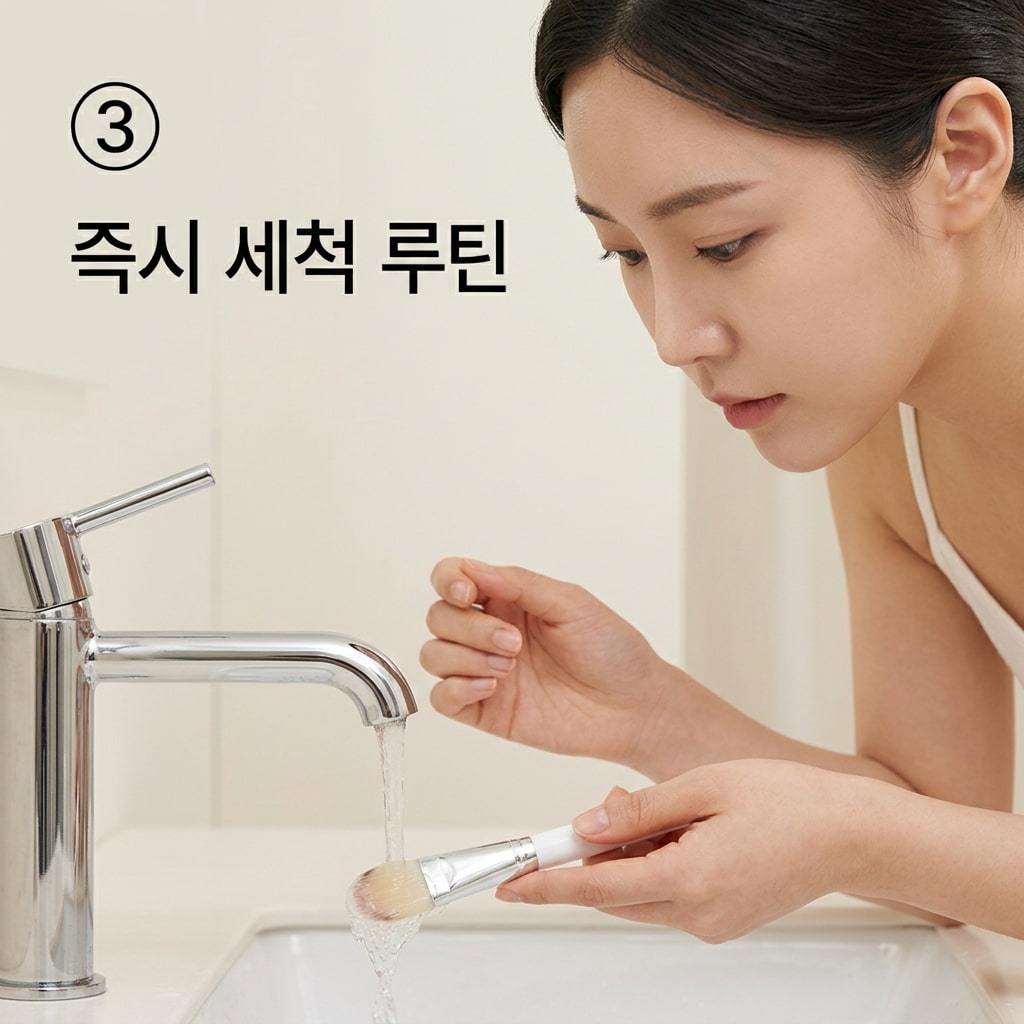도포 직후 세척 루틴을 지키기 위해 두 손으로 얼굴에 팩을 다 바르자마자 제형이 굳기 전의 브러쉬를 흐르는 미지근한 물에 즉시 헹구어내는 모습.