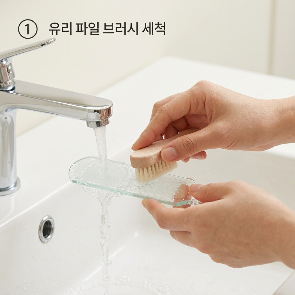 유리 발각질 제거기 씻는 법에 따라 두 손으로 미지근한 물이 흐르는 세면대에서 부드러운 브러시를 이용해 파일 표면을 꼼꼼하게 닦아내는 모습.