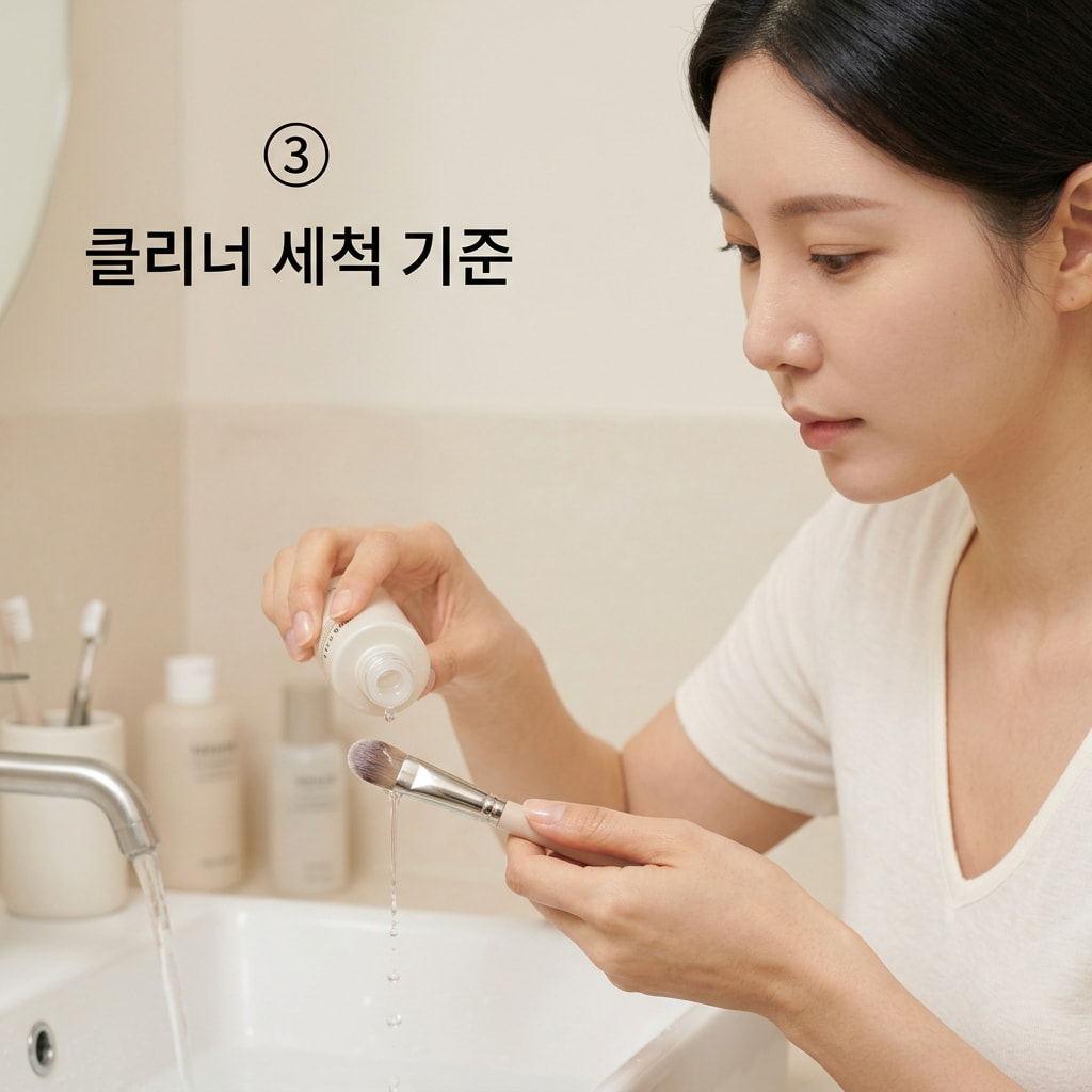 팩 브러쉬 클리너를 활용한 위생적인 도구 관리를 위해 두 손으로 전용 클리너 용액을 덜어내어 잔여물이 남은 모 브러쉬를 부드럽게 세척하는 모습.