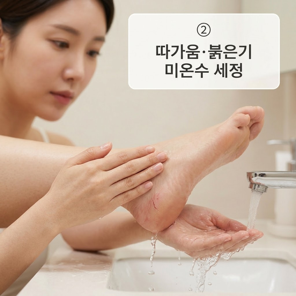 풋크림 사용 후 따가움이나 붉은기가 느껴졌을 때 두 손으로 미지근한 물을 이용해 자극받은 발뒤꿈치를 부드럽고 가볍게 씻어내는 모습.