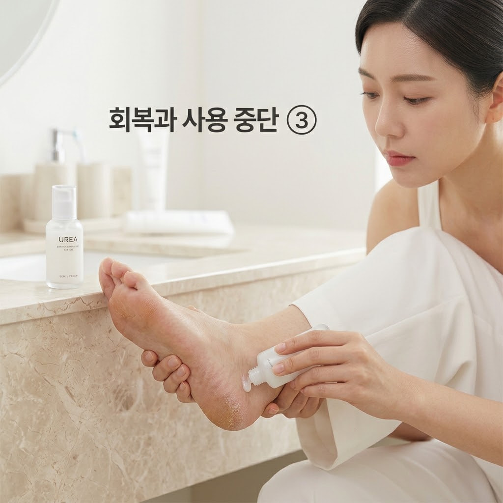 우레아 풋크림 자극 반응을 확인하고 두 손으로 미지근한 물을 사용해 따갑게 느껴지는 발뒤꿈치를 부드럽게 씻어내는 모습.