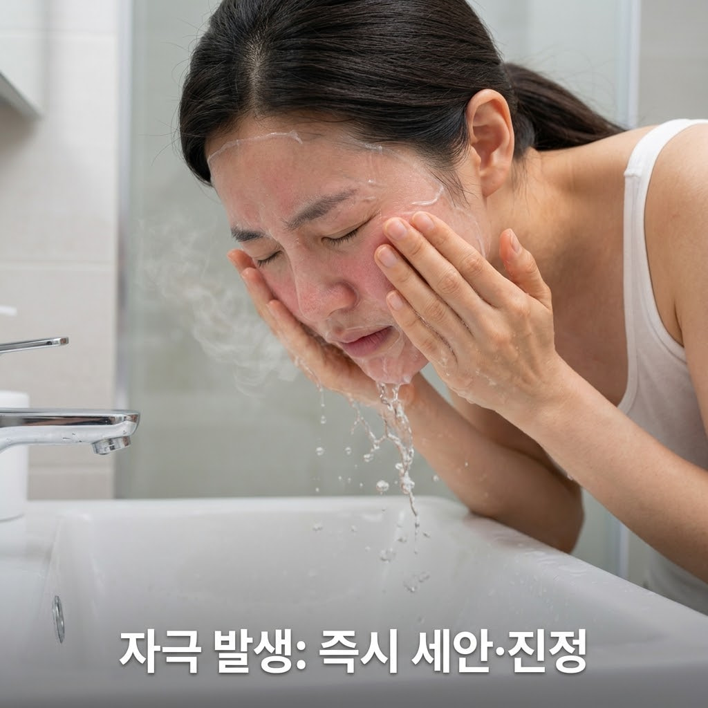 랩핑 팩 사용 중 피부 따가움을 느껴 억지로 떼어내지 않고 두 손으로 미온수를 얼굴 전체에 끼얹어 팩을 부드럽게 녹여내는 모습.