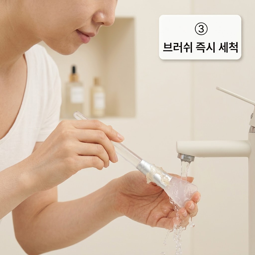 필오프팩 브러쉬 세척을 위해 두 손으로 사용 직후의 실리콘 브러쉬를 흐르는 미지근한 물에 헹구며 표면에 묻은 잔여물을 꼼꼼히 닦아내는 모습.