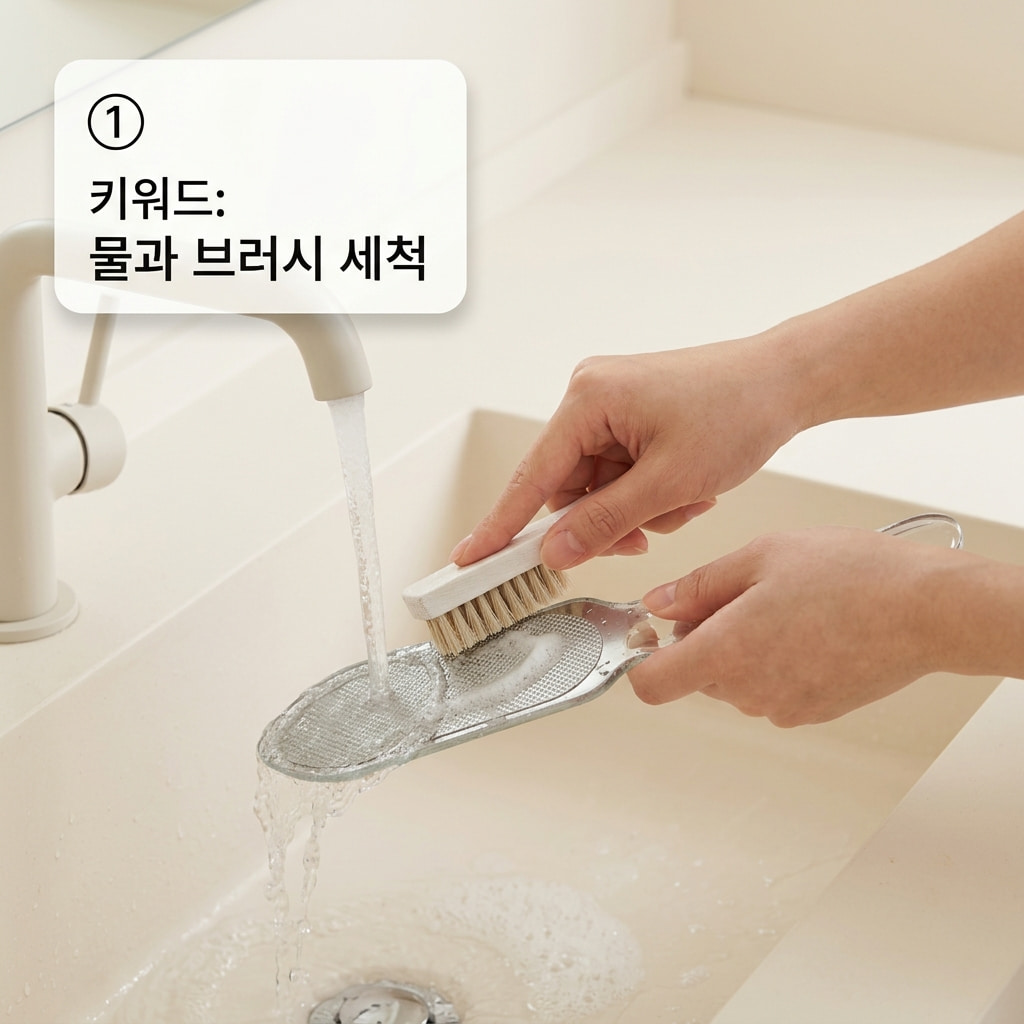 스테인리스 발각질 파일 세척 순서에 맞춰 두 손으로 흐르는 물 아래에서 작은 브러시를 이용해 파일 표면의 각질을 꼼꼼하게 닦아내는 모습.