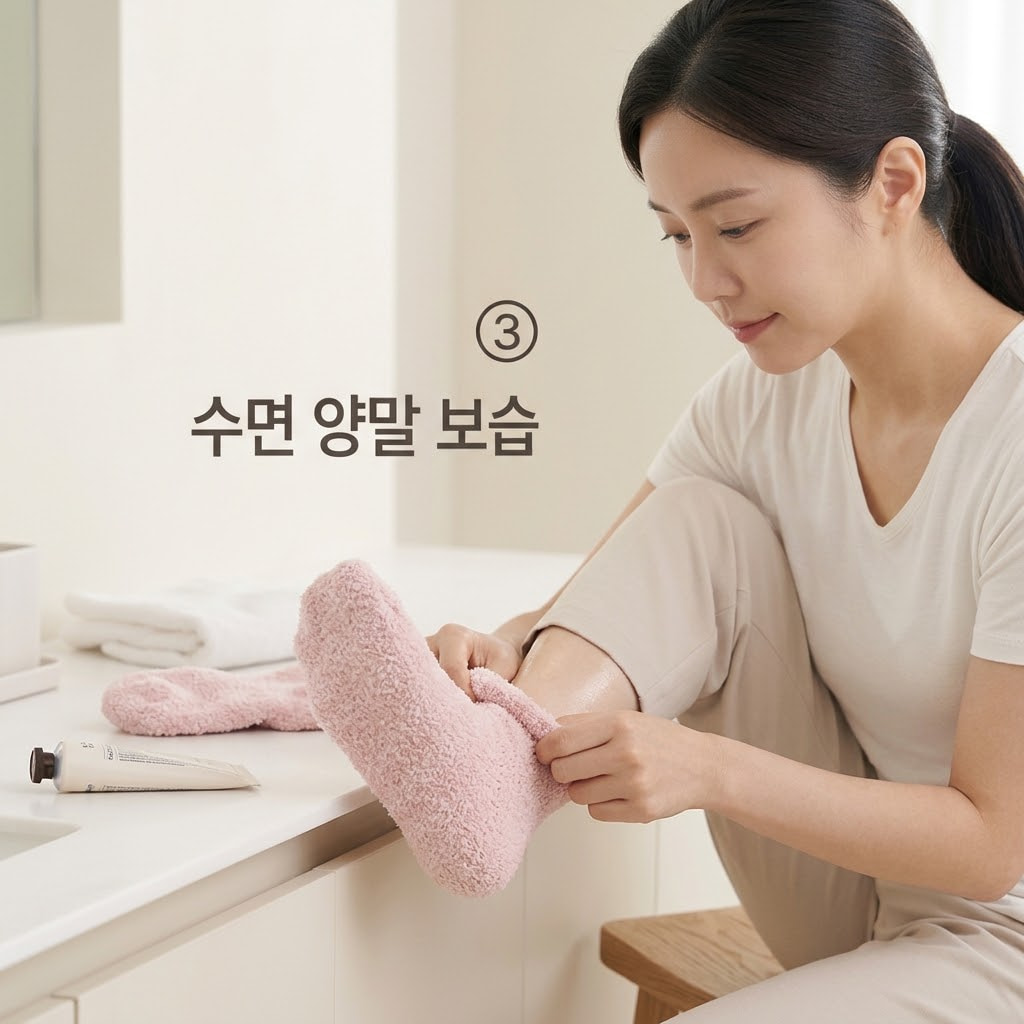 저녁 풋크림 집중 보습 효과를 높이기 위해 두 손으로 보습제를 충분히 바른 발에 부드러운 수면 양말을 조심스럽게 신겨주는 모습.