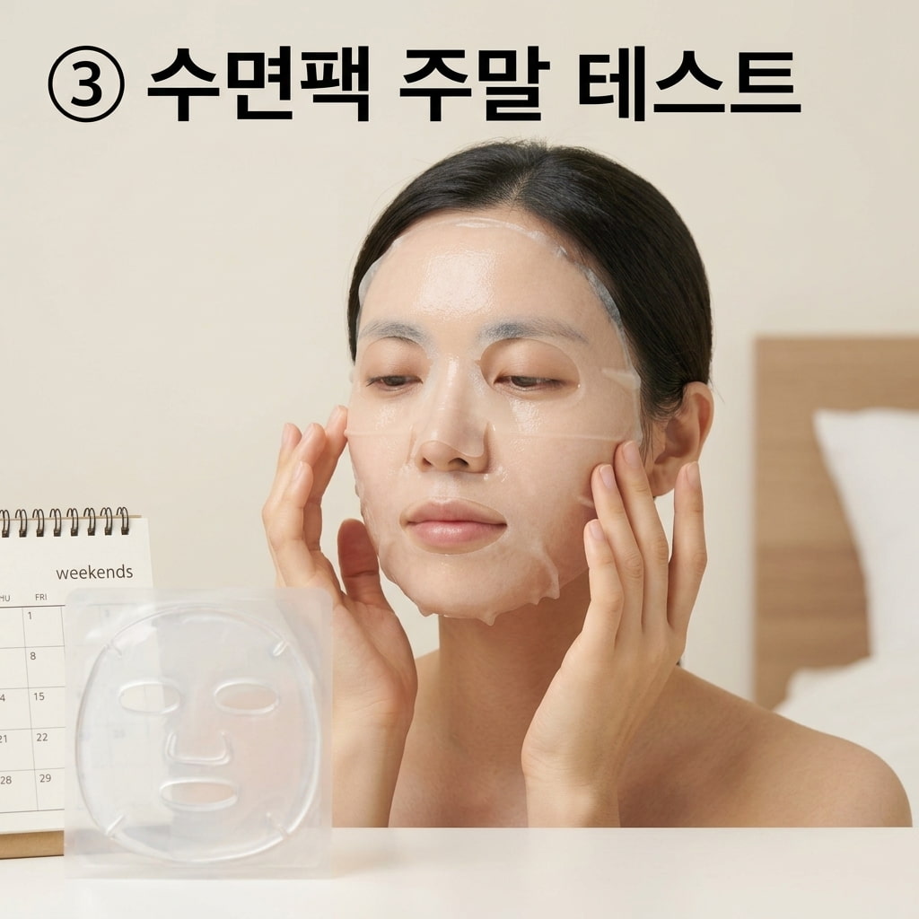 주말 전날 수면팩형 겔마스크 테스트 수면 중 트러블 반응을 안전하게 확인하기 위해 두 손으로 주말 전날 밤 수면팩형 콜라겐 겔마스크를 얼굴에 조심스럽게 부착하는 모습.