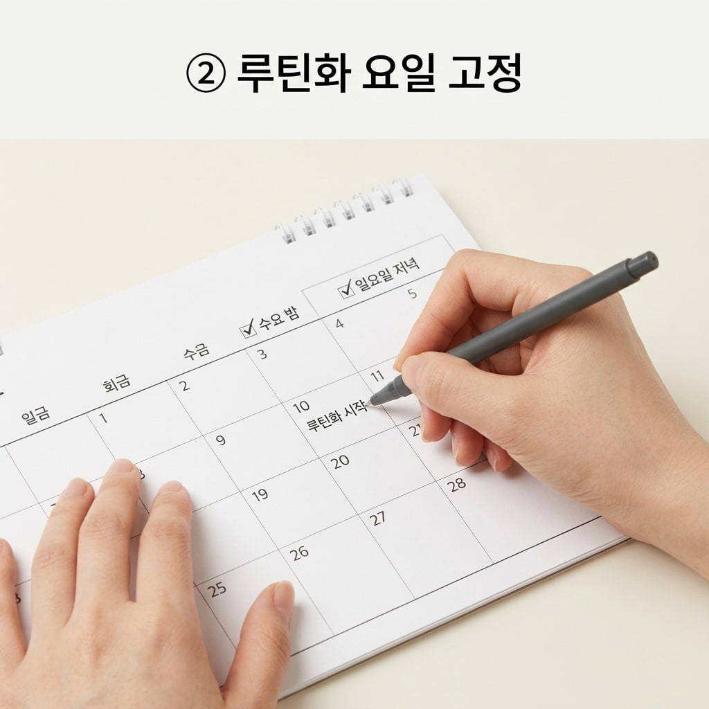 꾸준한 관리를 위한 모델링팩 일정 루틴화 번거로운 홈케어를 일상으로 만들기 위해 두 손으로 캘린더에 모델링팩을 할 요일과 시간을 고정해 루틴을 기록하는 모습.