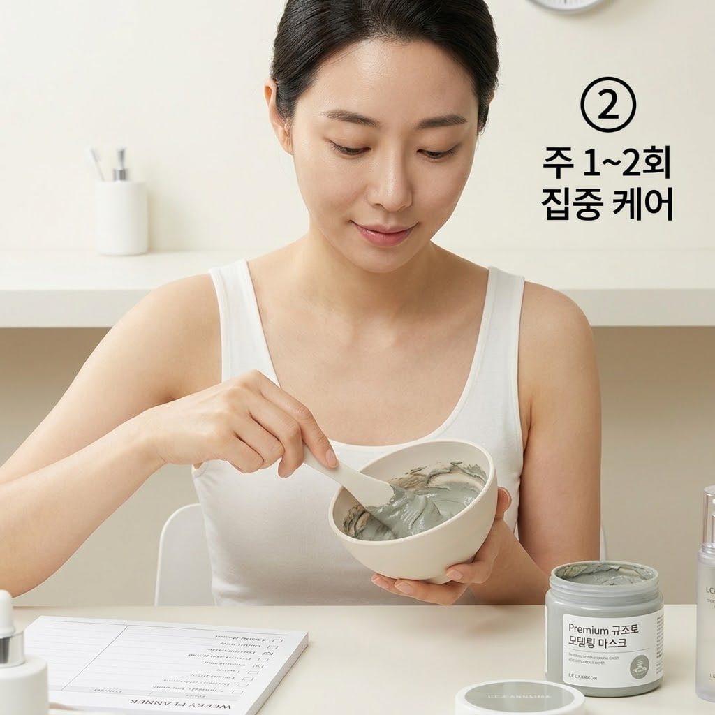 컨디션에 맞춘 마스크 사용 주기 규조토 마스크로 주 1~2회 스페셜 케어를 하기 위해 두 손으로 스파출라를 쥐고 반죽을 정성껏 저으며 뒤집어진 피부 컨디션을 회복하는 모습.