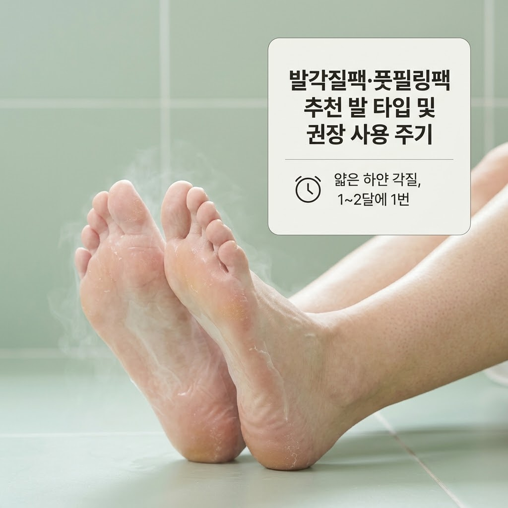 얇은 하얀 발각질 원인과 풋필링팩 추천: 피부 장벽 지키는 안전한 발각질팩 주기 하얀 발각질 원인 파악 후 얇은 발각질에 풋필링팩을 추천하는 풋케어 상황. 안전한 발각질팩 주기를 확인하는 모습.