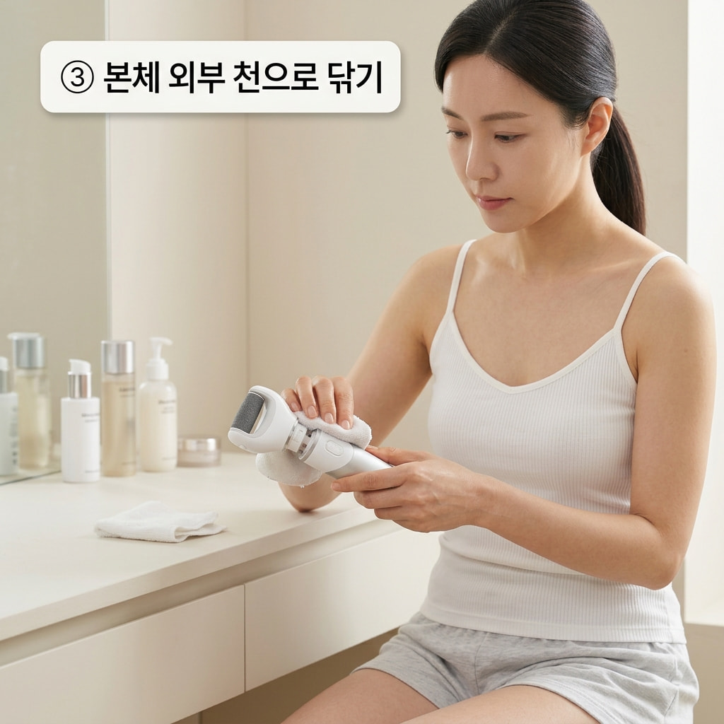 전동 기기 본체 세척을 안전하게 진행하기 위해 두 손으로 살짝 적신 부드러운 천을 이용해 버튼과 손잡이 주변 먼지를 조심스럽게 닦아내는 모습.