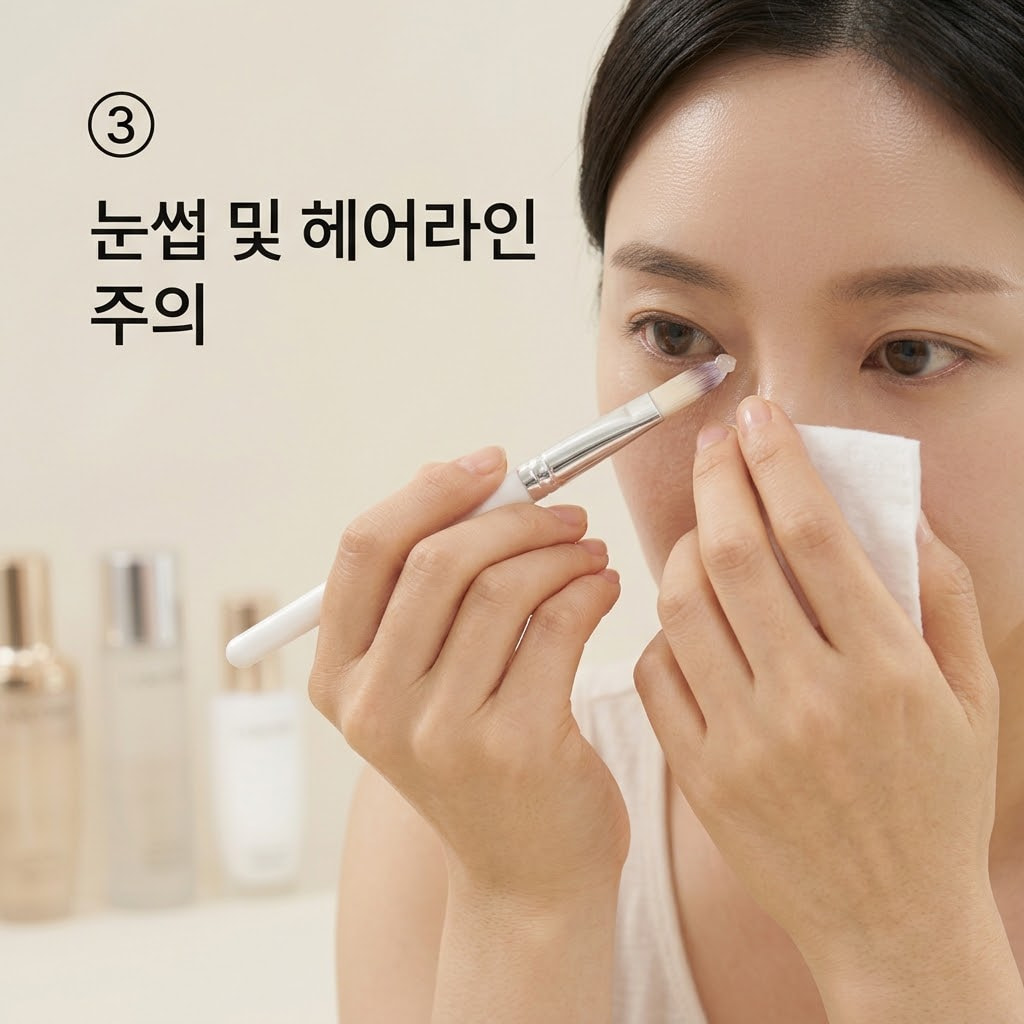 눈썹 보호를 위해 두 손으로 미지근한 물을 적신 화장솜을 조심스럽게 잡고 눈썹 라인에 잘못 묻은 필오프팩을 부드럽게 닦아내는 모습.