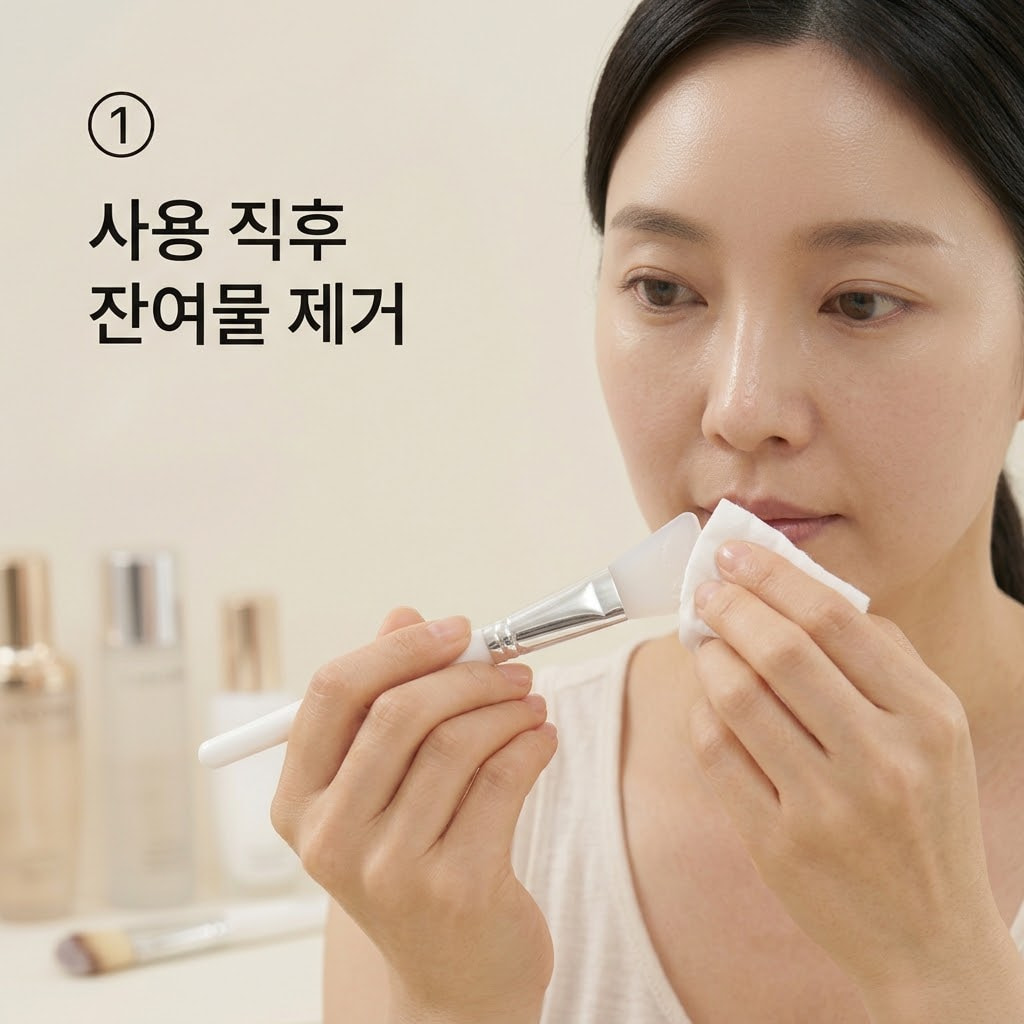 필오프팩 브러쉬 세척을 쉽게 하기 위해 두 손으로 실리콘 팩 브러쉬 표면에 굳지 않은 팩 잔여물을 티슈로 가볍게 닦아내는 모습.