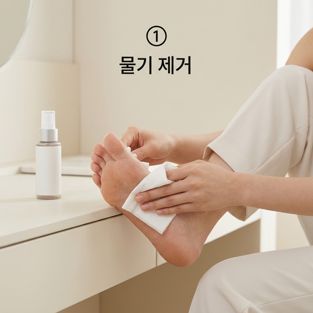 젖은 발 풋스프레이 전 물기 제거 젖은 발 냄새 섞임을 방지하기 위해 두 손으로 발바닥과 발등의 땀을 티슈로 꼼꼼하게 닦아내어 물기를 제거하는 모습.