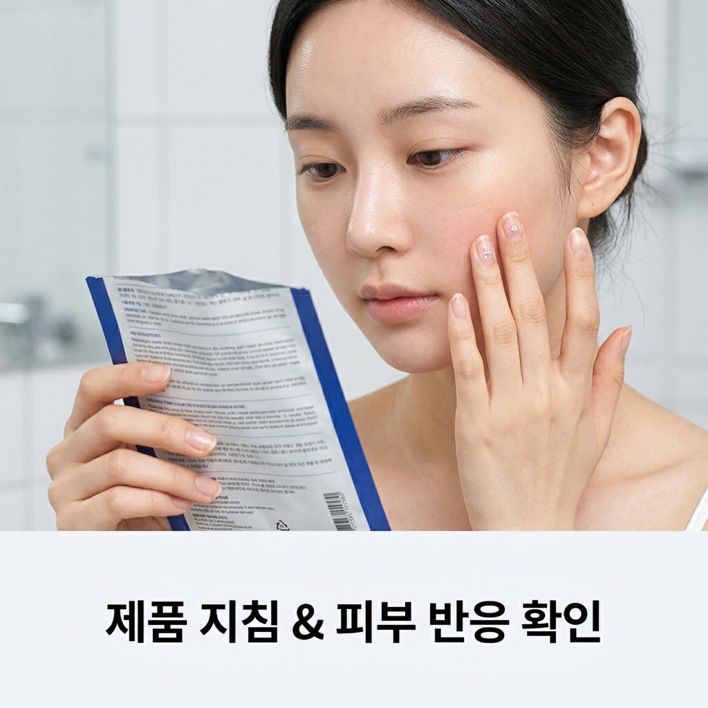 랩핑 마스크팩 사용 빈도 확인을 위해 두 손으로 제품 뒷면의 설명서를 꼼꼼히 짚어 읽으며 거울 앞 화장대에서 피부 상태를 점검하는 모습.