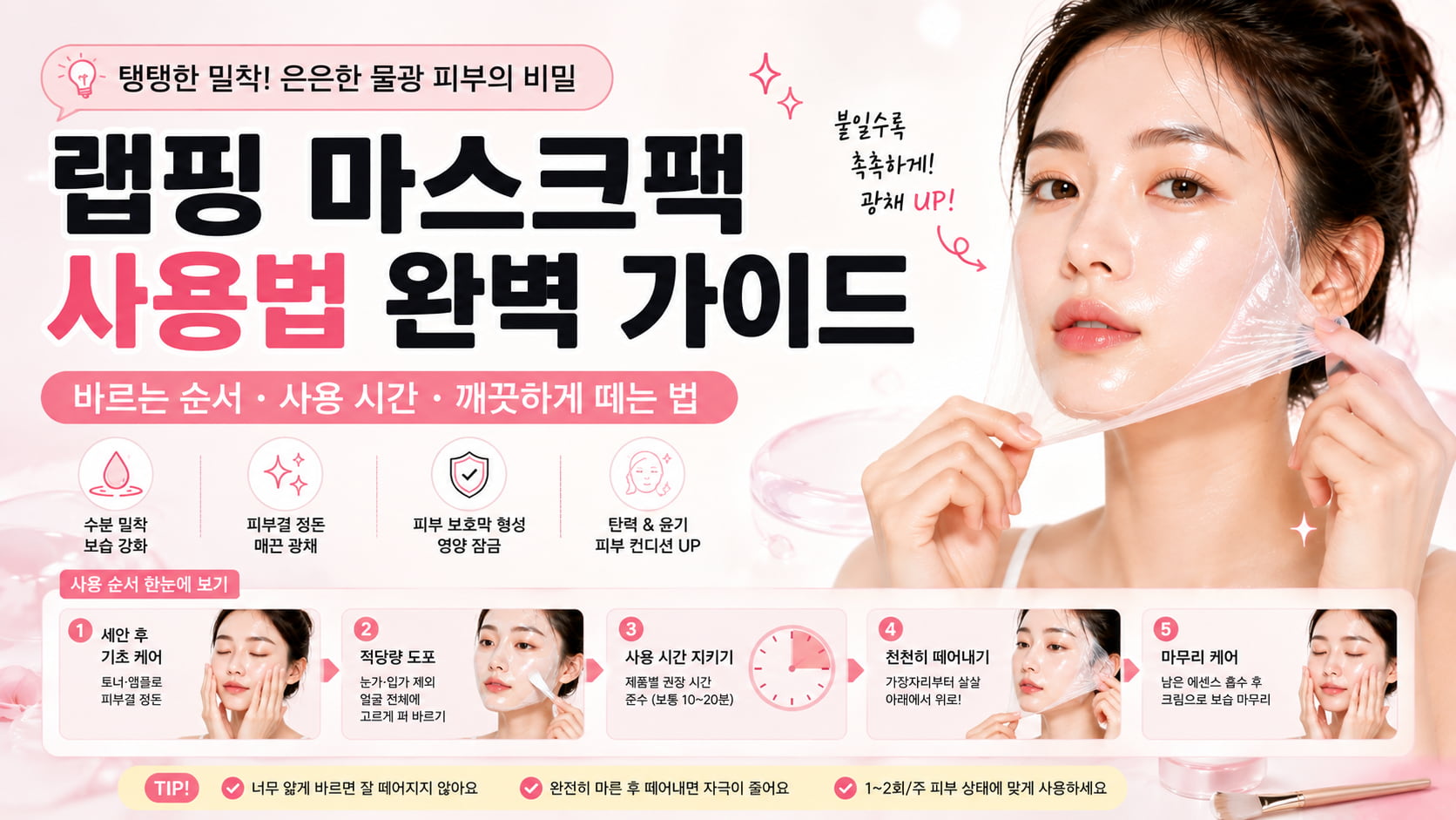 랩핑 마스크팩 사용법과 바르는 순서, 사용 시간, 자극 없이 깨끗하게 떼는 방법을 정리한 가로형 인트로 이미지