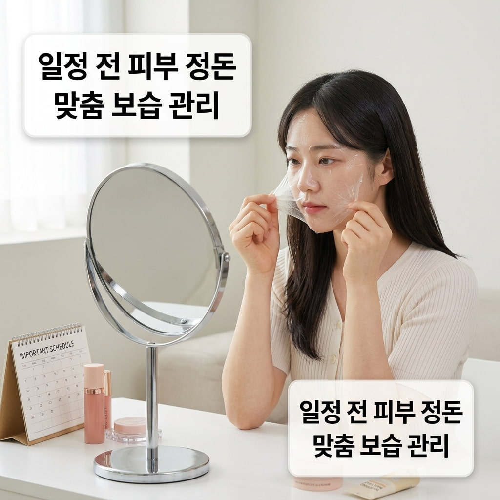 랩핑 마스크팩 사용 목적 선택에 맞춰 두 손으로 탁상 달력을 들고 중요한 일정 날짜를 가리키며 스킨케어 계획을 세우는 상태.