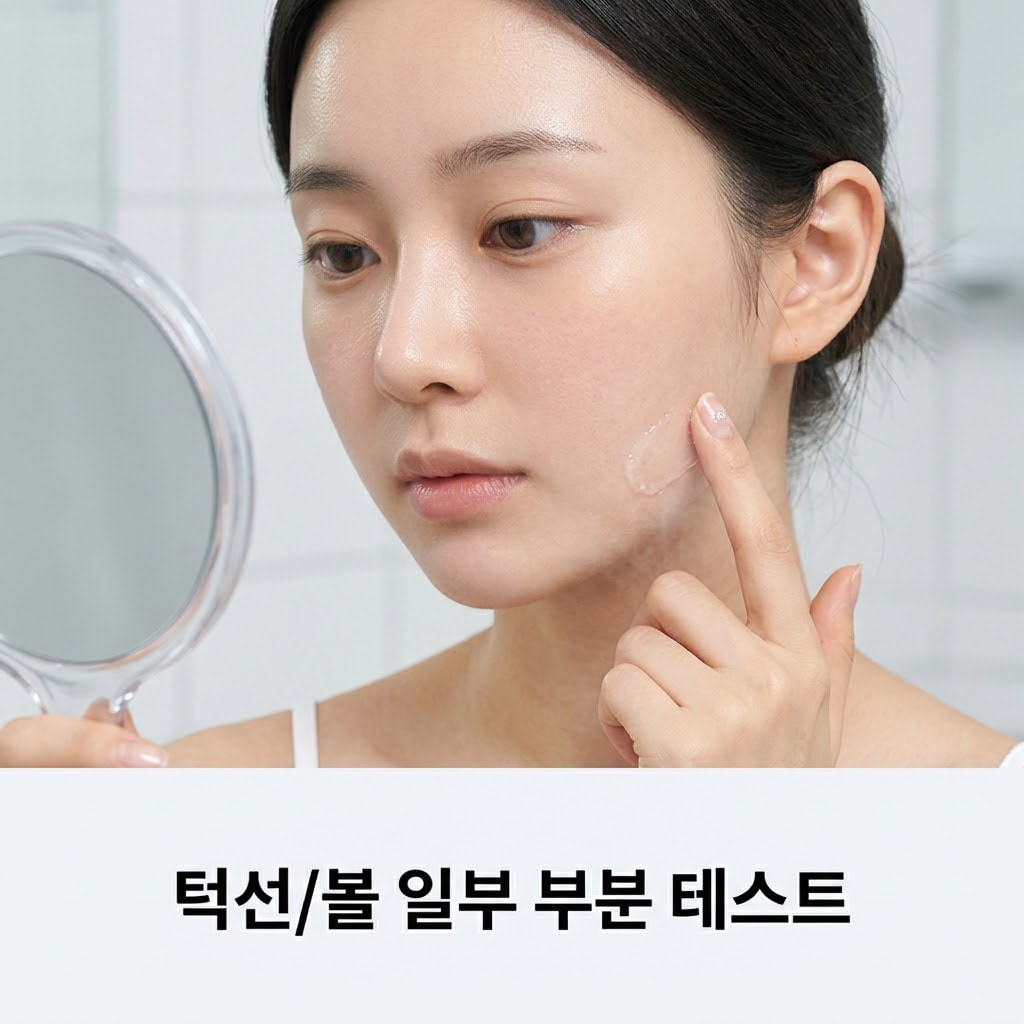랩핑 마스크팩 사용 간격 테스트를 위해 한 손으로 작은 거울을 들고 다른 한 손으로 턱선 일부에만 제형을 조심스럽게 덜어내어 발라보는 모습.