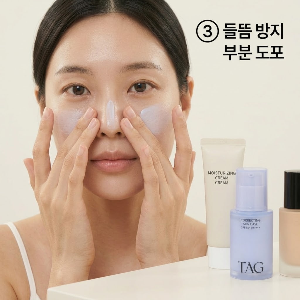 파운데이션 밀림 현상을 줄이기 위해 기초 단계를 단순화하고 두 손으로 얼굴을 지그시 눌러 물광 크림을 완전히 흡수시키는 모습.